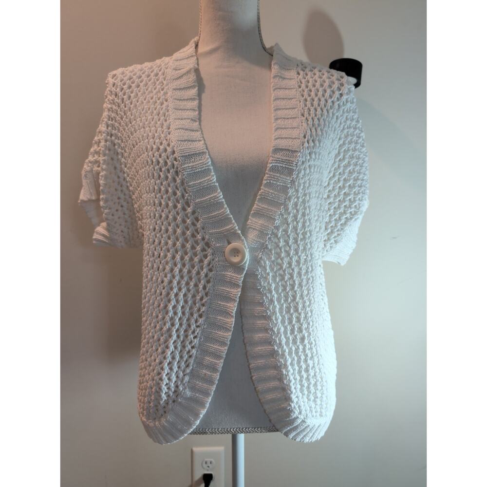 Women's Cable & Gauge White Knit Cardigan Sz Large–Short Sleeve, Button Front